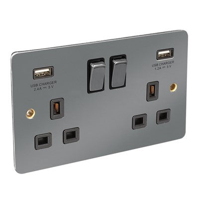 Flat Range 13Amp 2 Gang Switched Socket Twin USB Black Nickel
